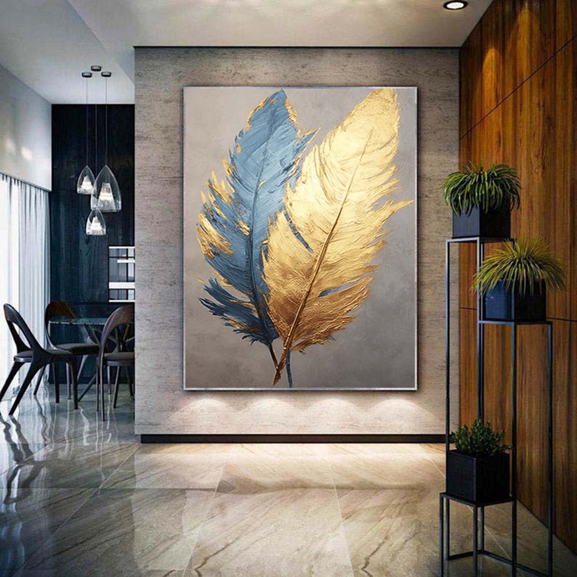 Gold and Blue Feathers on Gray Modern Elegant Painting Poster - Image 3