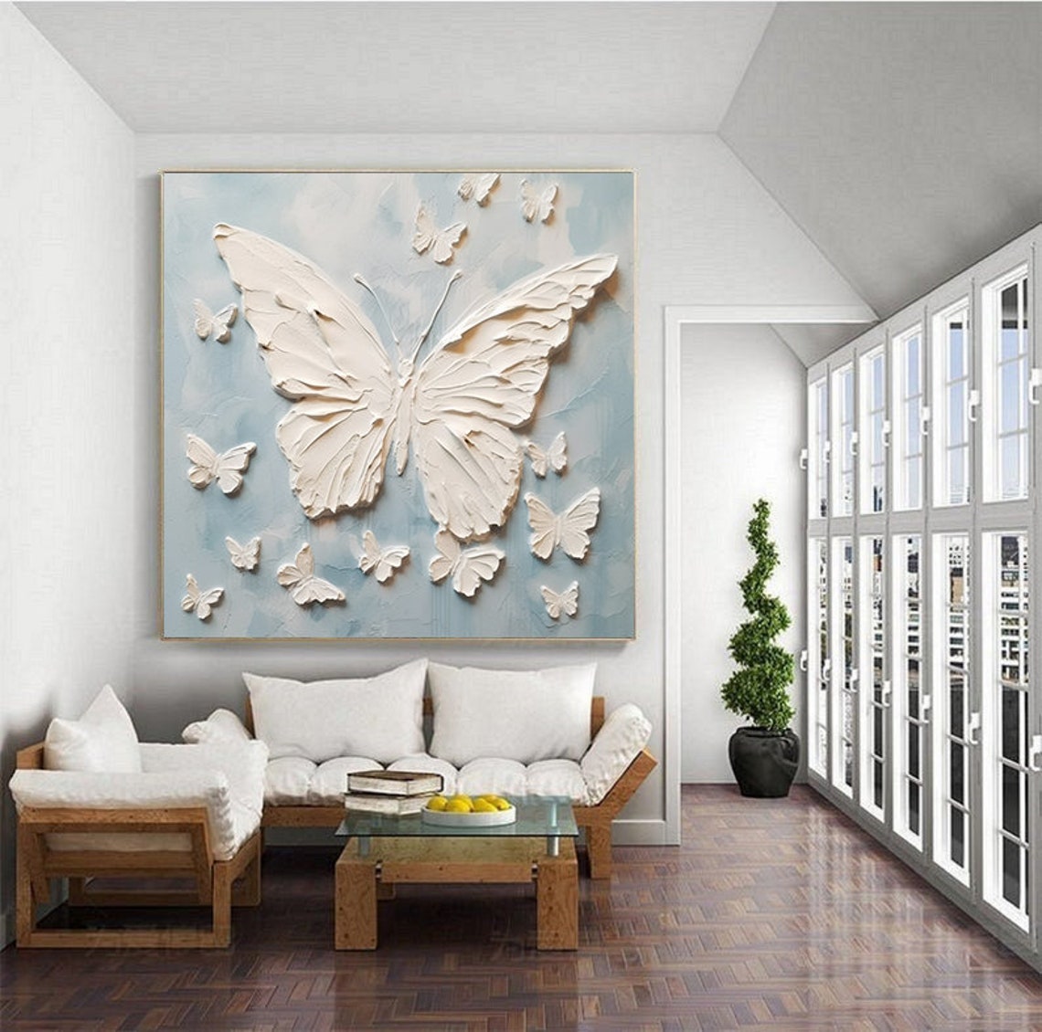 White 3D Butterfly Flight Light Blue Textured Relief Square Poster - Image 5