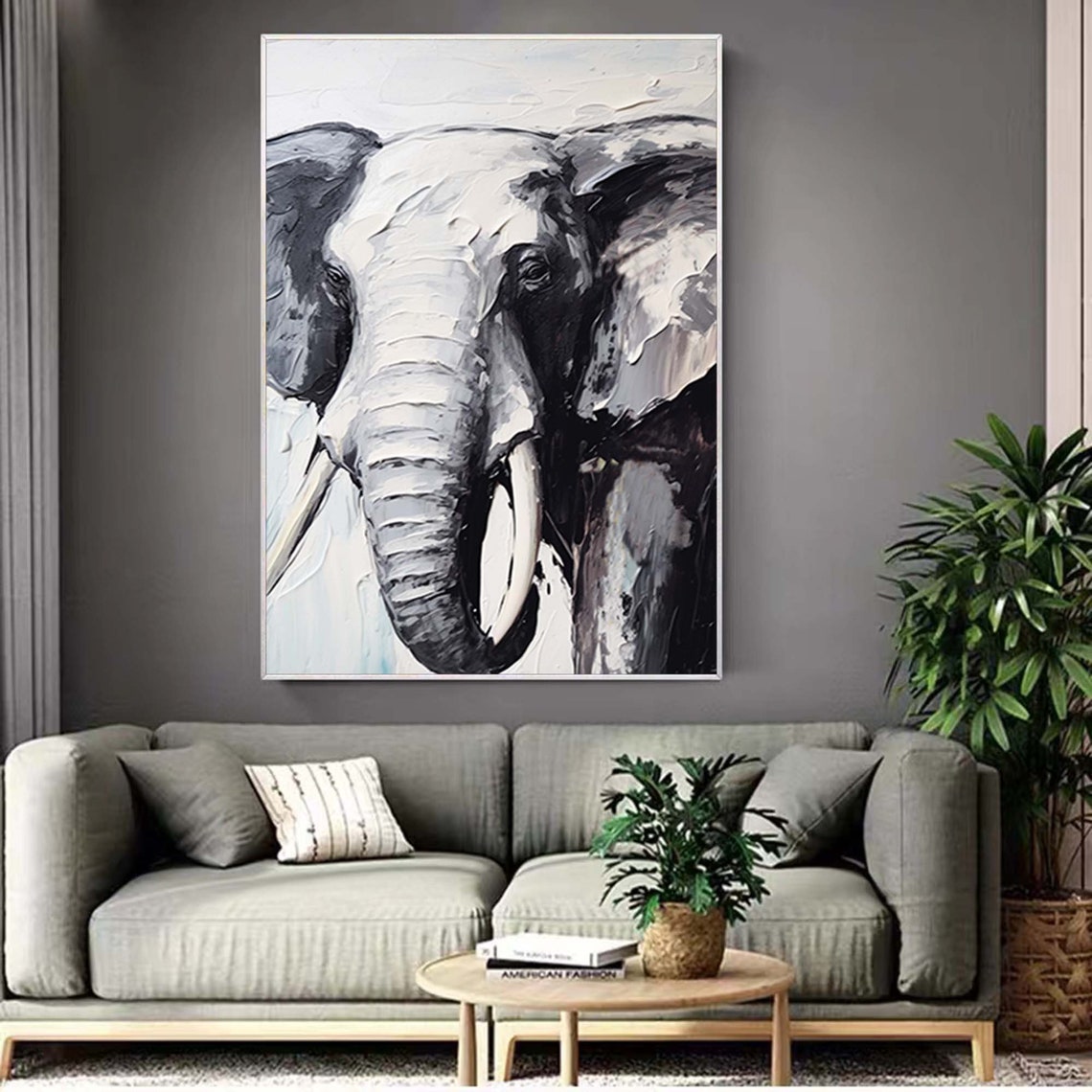 Black And White Elephant Portrait Impasto Animal Oil Painting Poster - Image 6