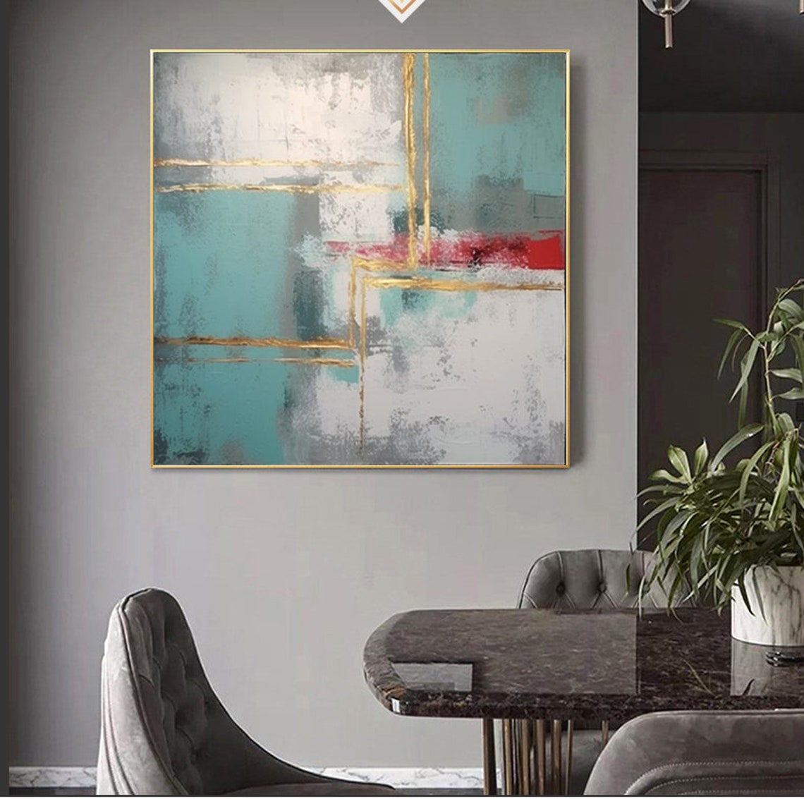 Geometric Teal White Abstract With Gold Lines And Red Band Poster - Image 7