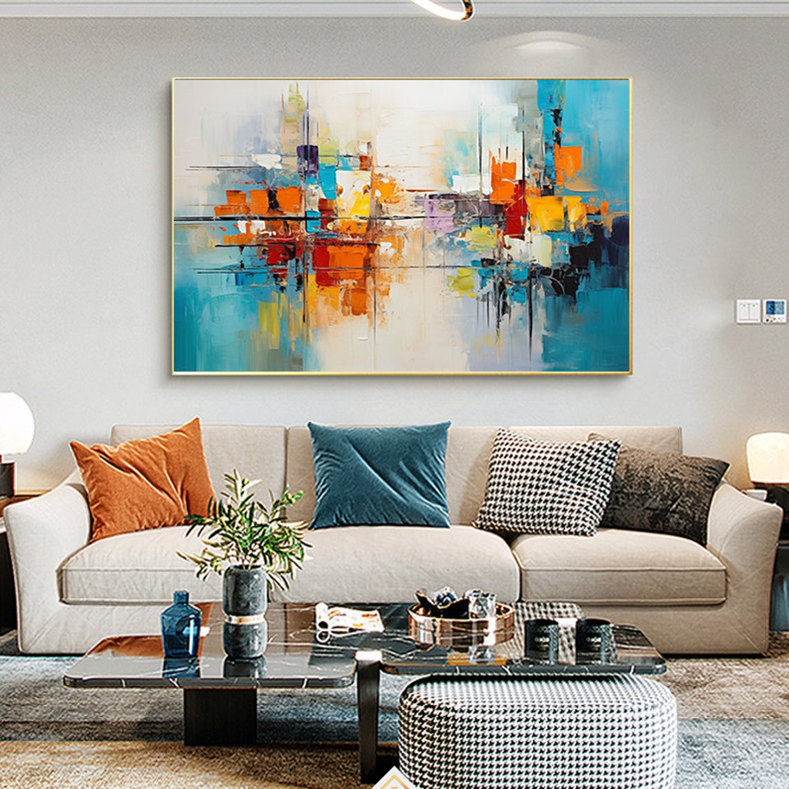 Lively Coastal Abstract Cityscape In Turquoise Orange White Poster - Image 3