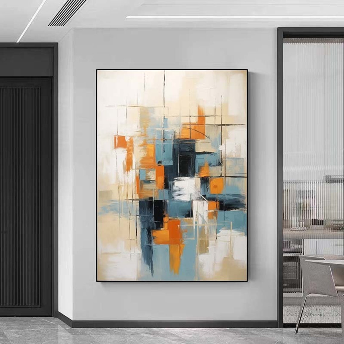 Geometric Orange Blue Grid Lines Abstract Modern Painting Poster - Image 6