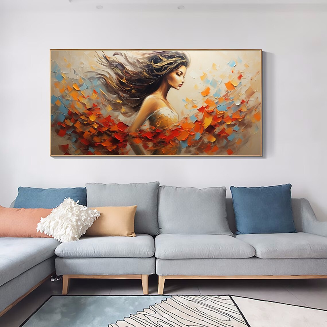 Woman with Flowing Hair Autumn Leaves Back View Painting Poster - Image 3
