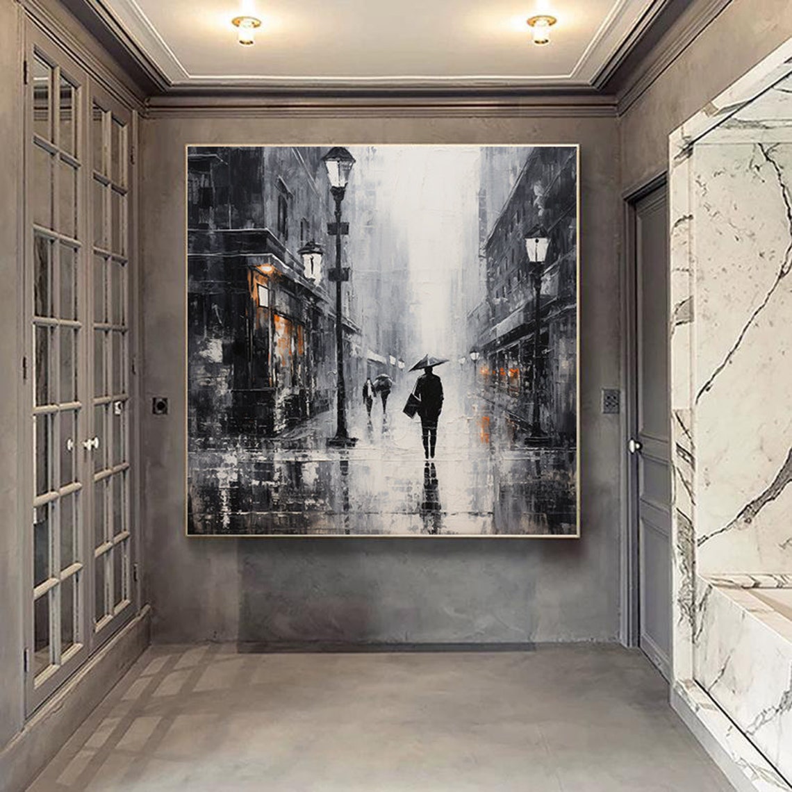 Rainy City Street Umbrella Figure Black White Monochrome City Poster - Image 2
