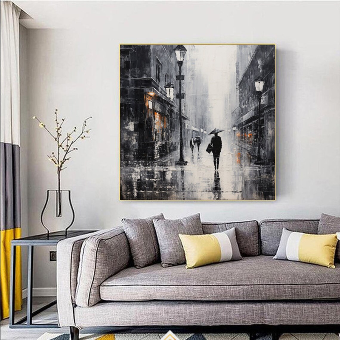 Rainy City Street Umbrella Figure Black White Monochrome City Poster - Image 3