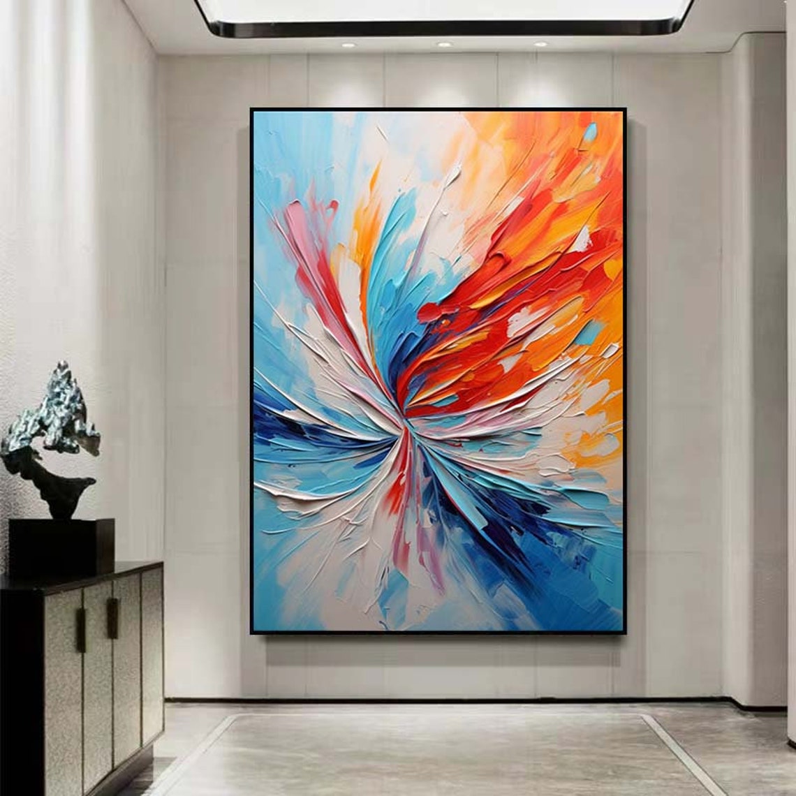 Fiery Red Blue Radial Fan Abstract Burst Impasto Wall Poster - Image 2