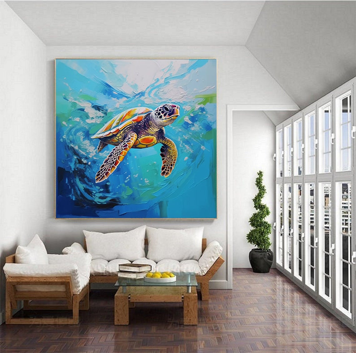 Colorful Sea Turtle Underwater Blue Ocean Impasto Art Poster - Image 4