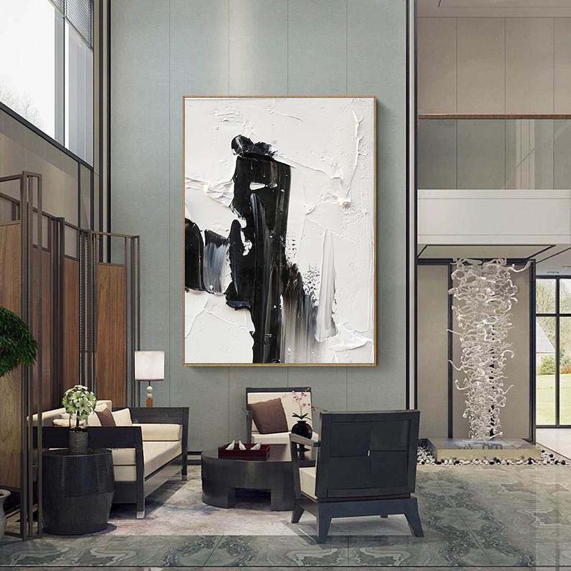 Bold Black Strokes on White Abstract Impasto Modern Wall Poster - Image 2