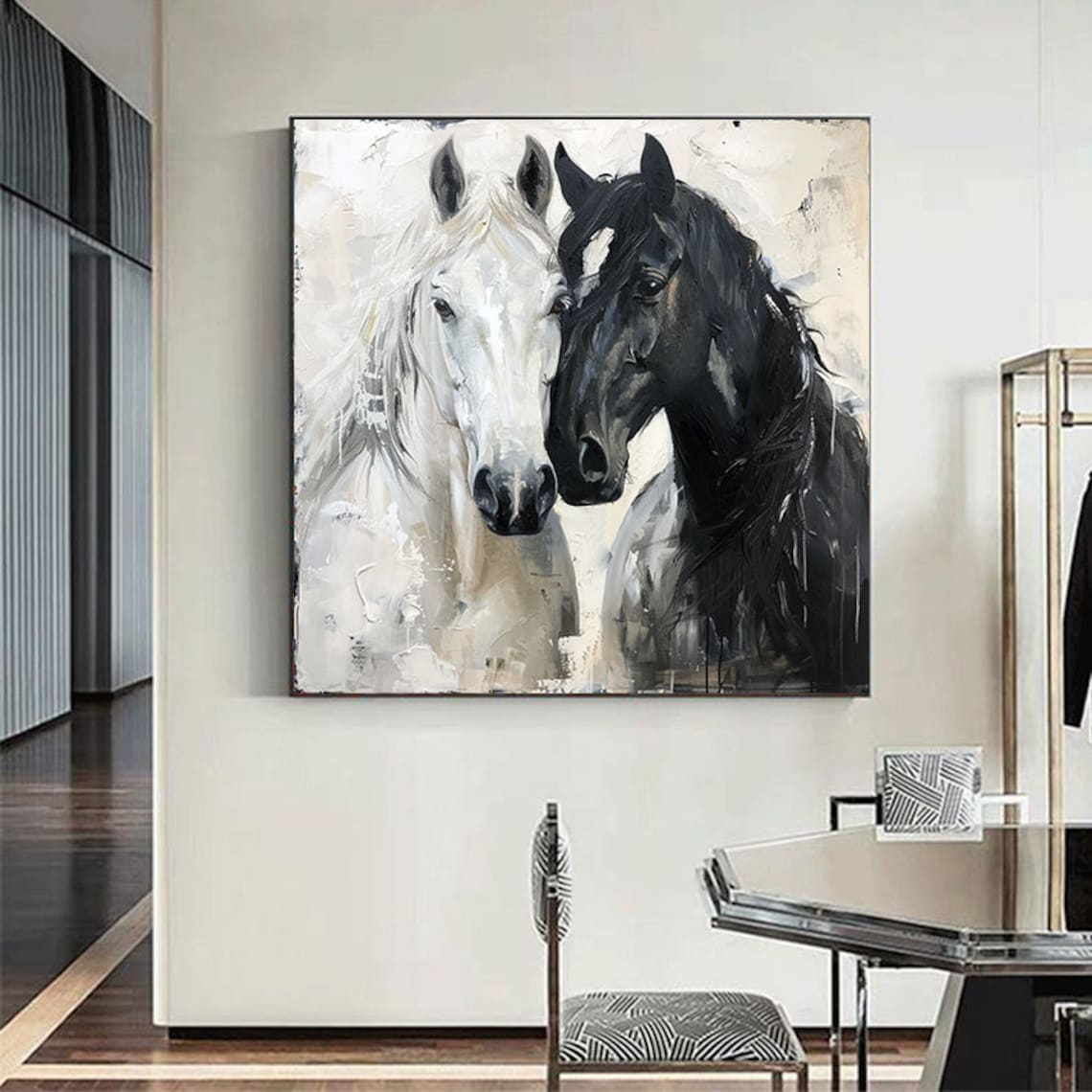 White Black Horse Oil Painting, Abstract Art Print - Image 2