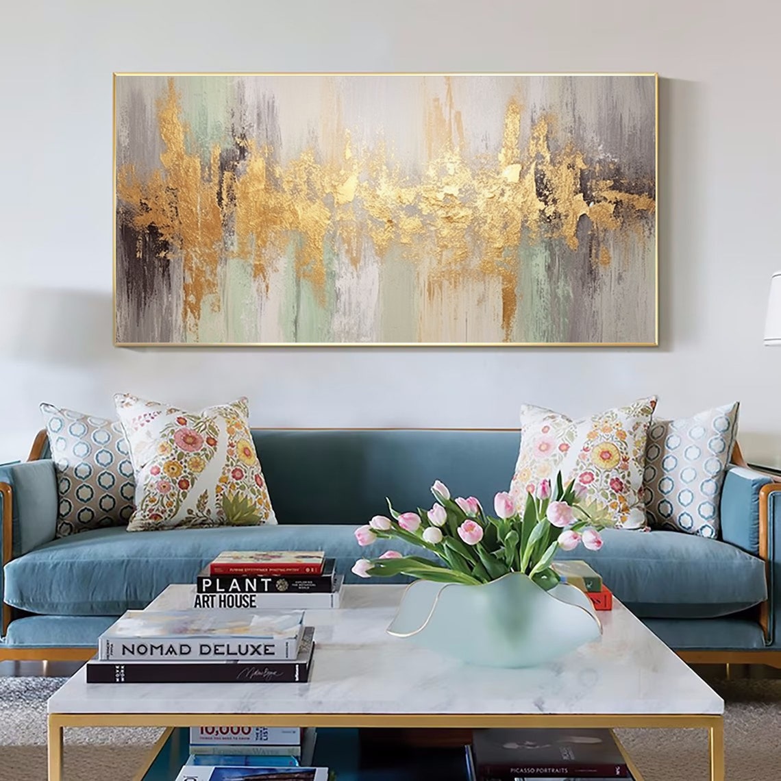 Gold Leaf Streaks Grey Green Abstract Elegant Painting Poster - Image 2