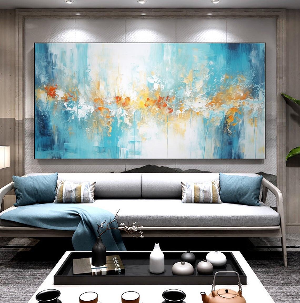 Turquoise Blue Abstract Oil Painting With Golden Amber Accents Poster - Image 6