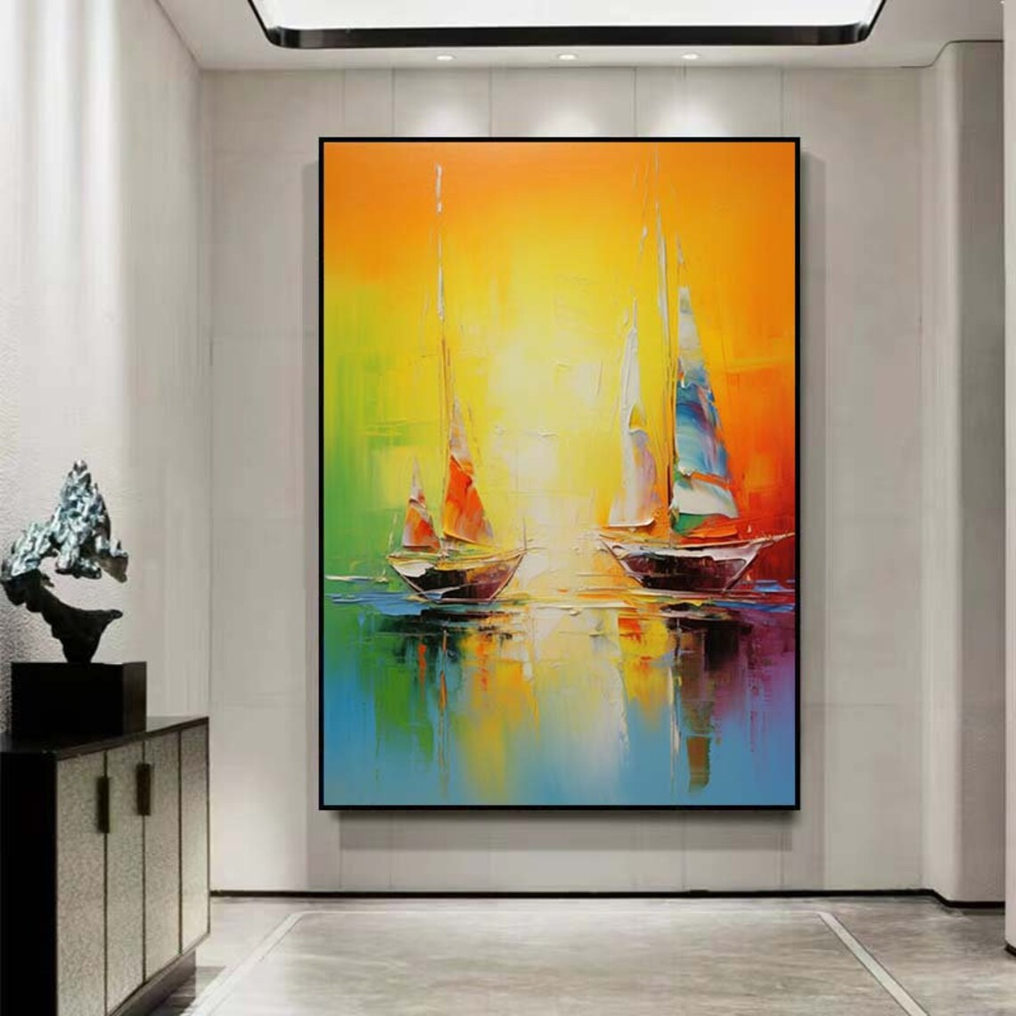 Two Colorful Sailboats Gliding Across A Vibrant Sunset Sea Poster - Image 2