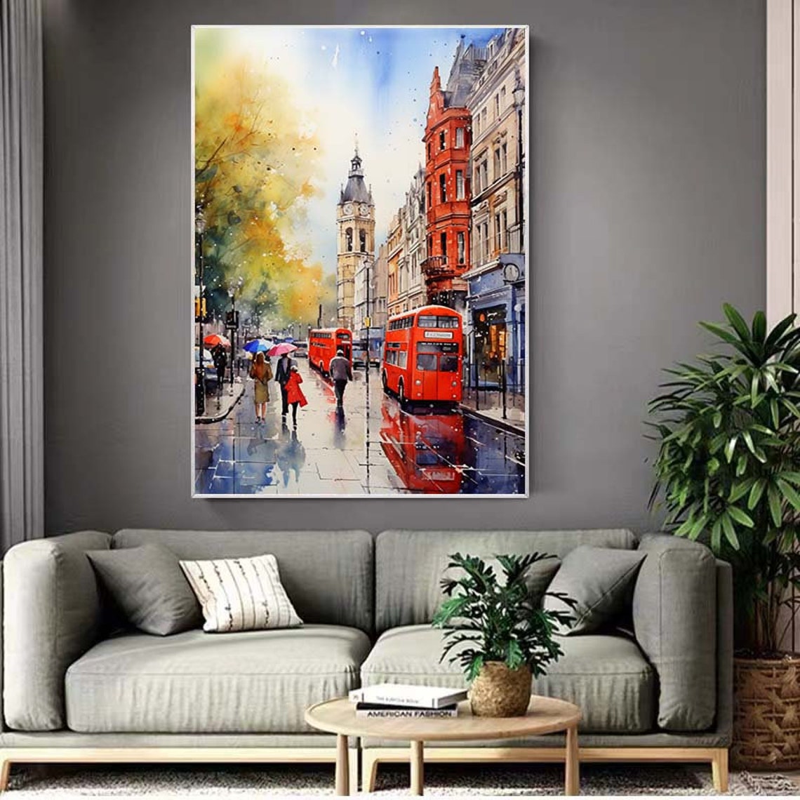 London Rainy Street Red Double Decker Bus Watercolor Painting Poster - Image 3