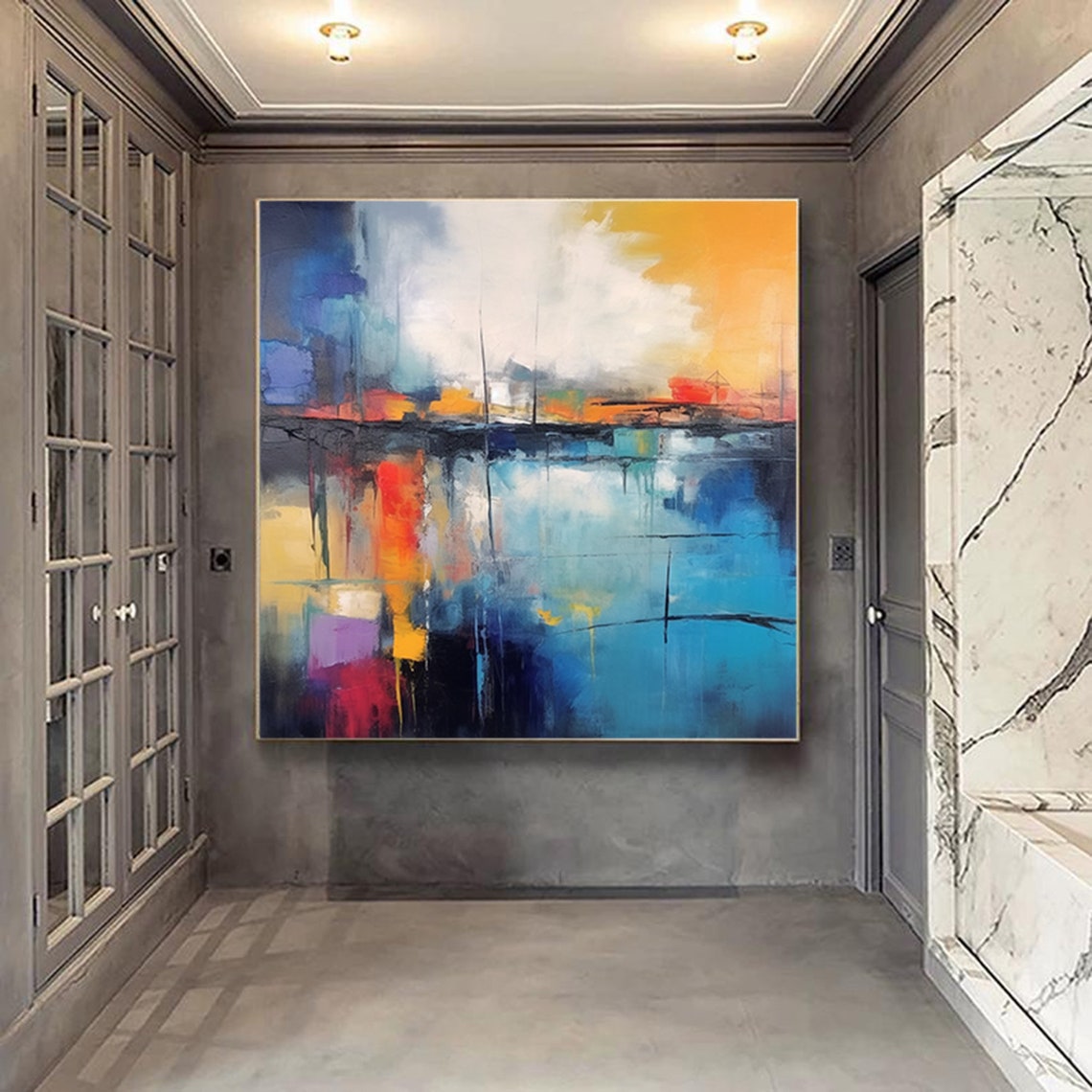 Abstract Harbor Reflection Painting In Blue Orange And Red Poster - Image 3