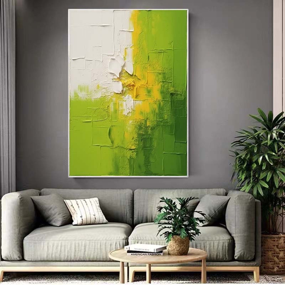 Lime Green White Textured Modern Abstract Vertical Painting Poster - Image 2