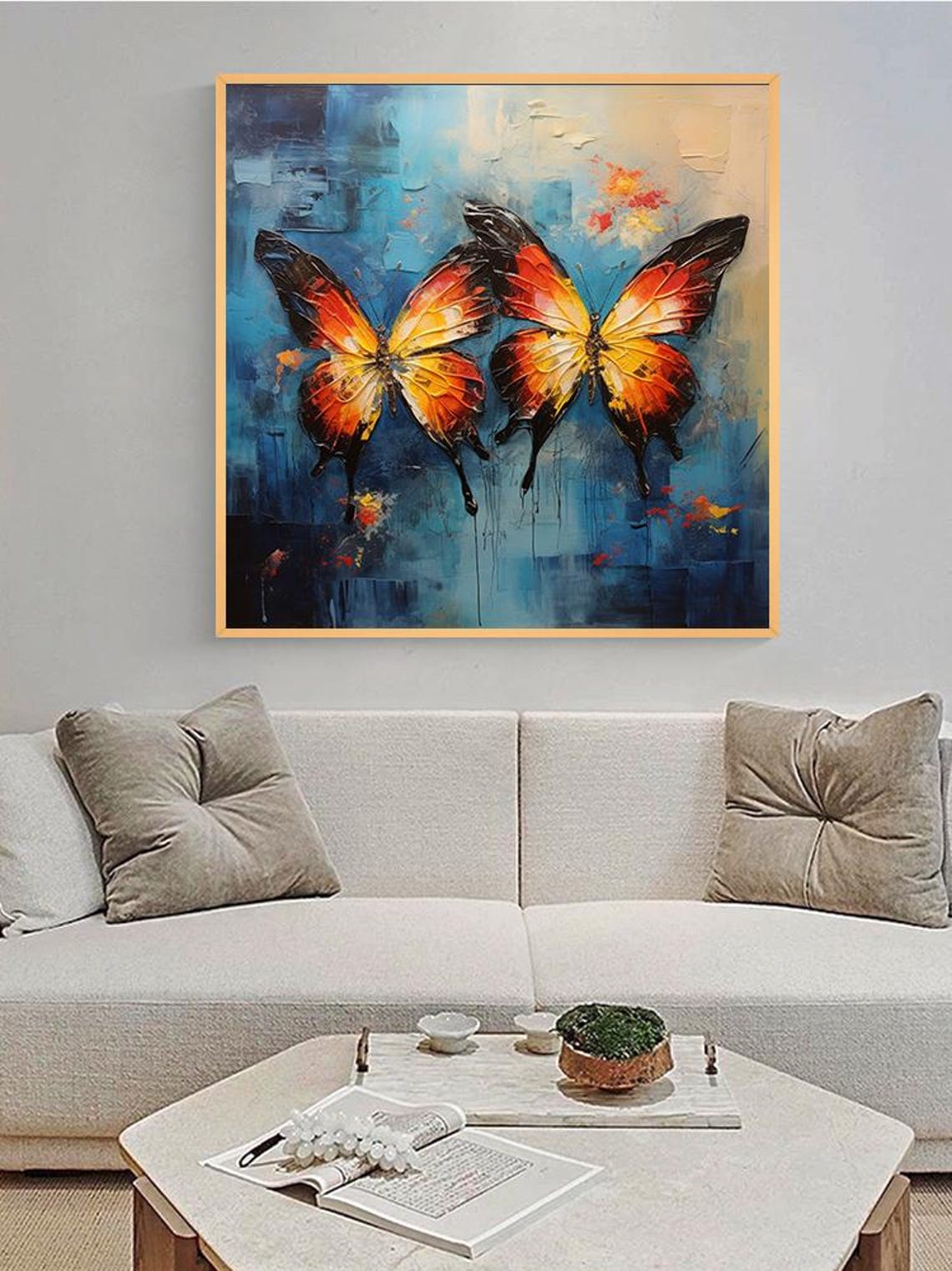 Orange Black Butterflies Blue Background Impasto Pair Art Poster - Image 5