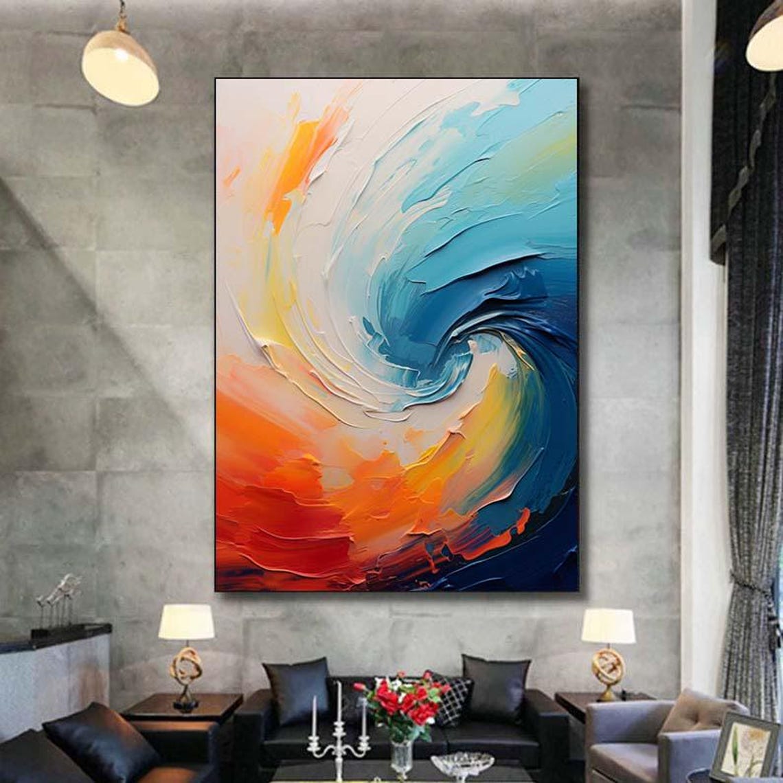 Swirling Ocean Wave Blue Orange Abstract Modern Painting Poster - Image 6
