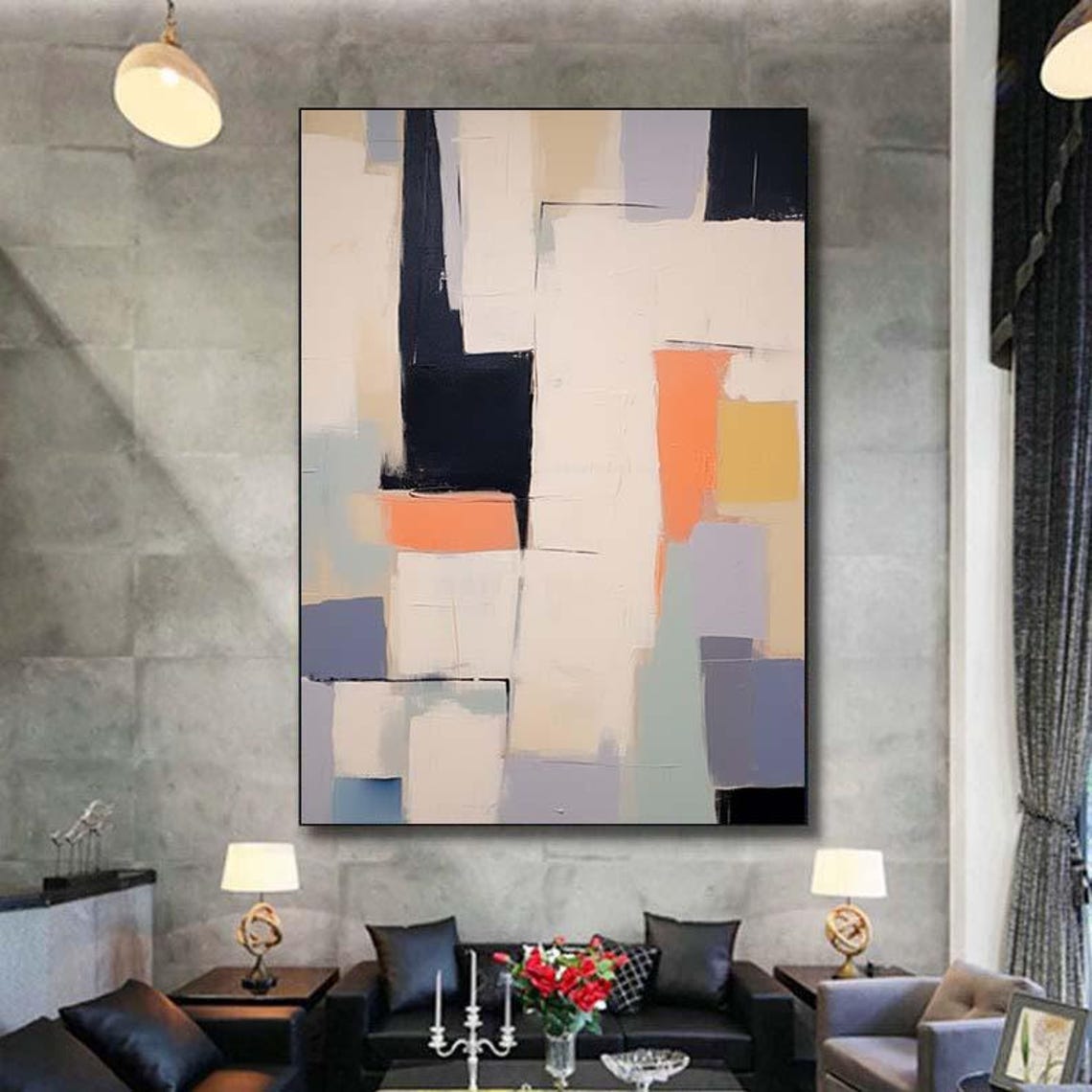 Mid-Century Geometric Blocks Navy Blush Cream Abstract Poster - Image 6
