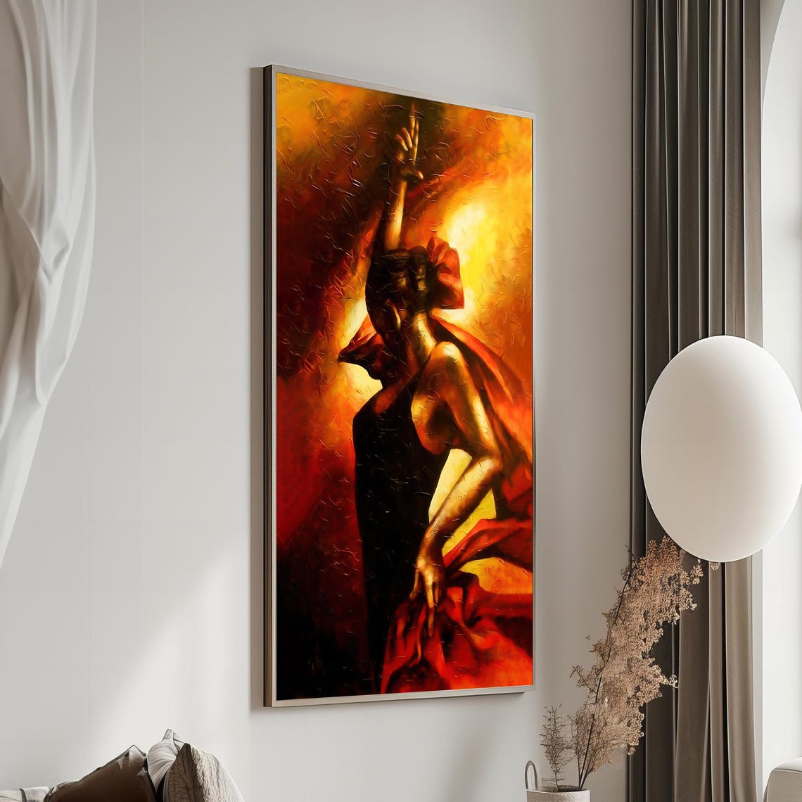 Fiery Passion Bold Flamenco Dancer In Intense Motion Striking Red And Gold Palette Expressive Dance Painting