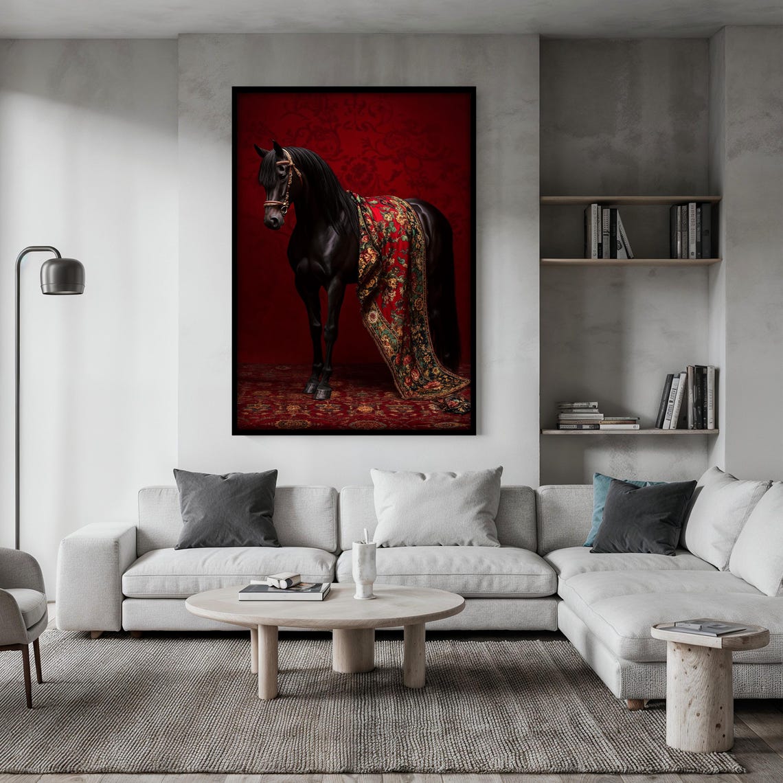 Black Horse with Trailing Patterned Fabric on Deep Red Poster - Image 2