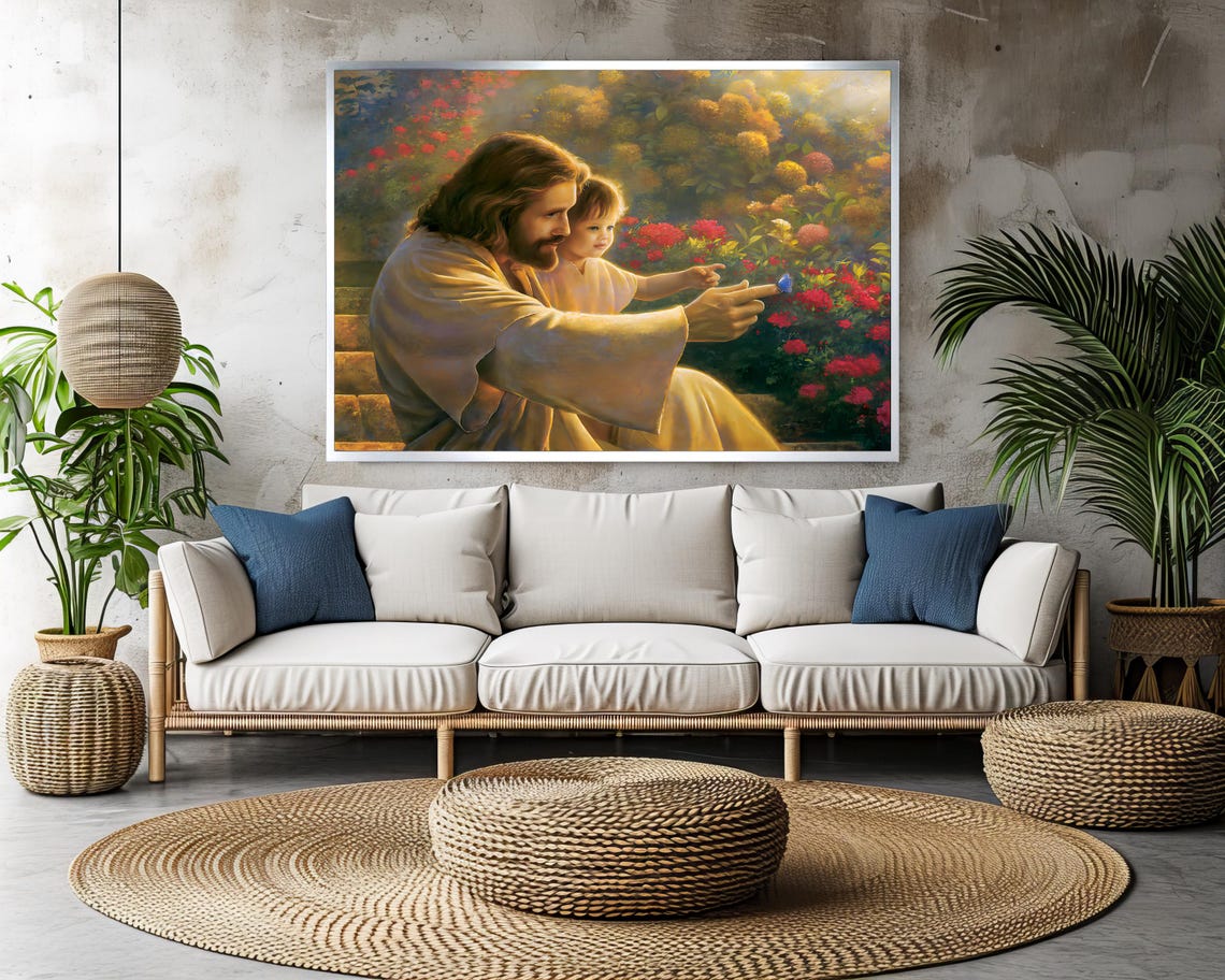 Jesus With Child In Flower Garden Religious Devotional Art Poster - Image 3