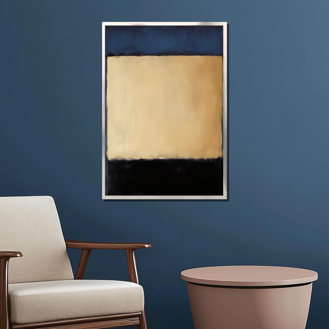 Navy Blue Beige Black Color Field Abstract Gallery Statement Poster - Image 2