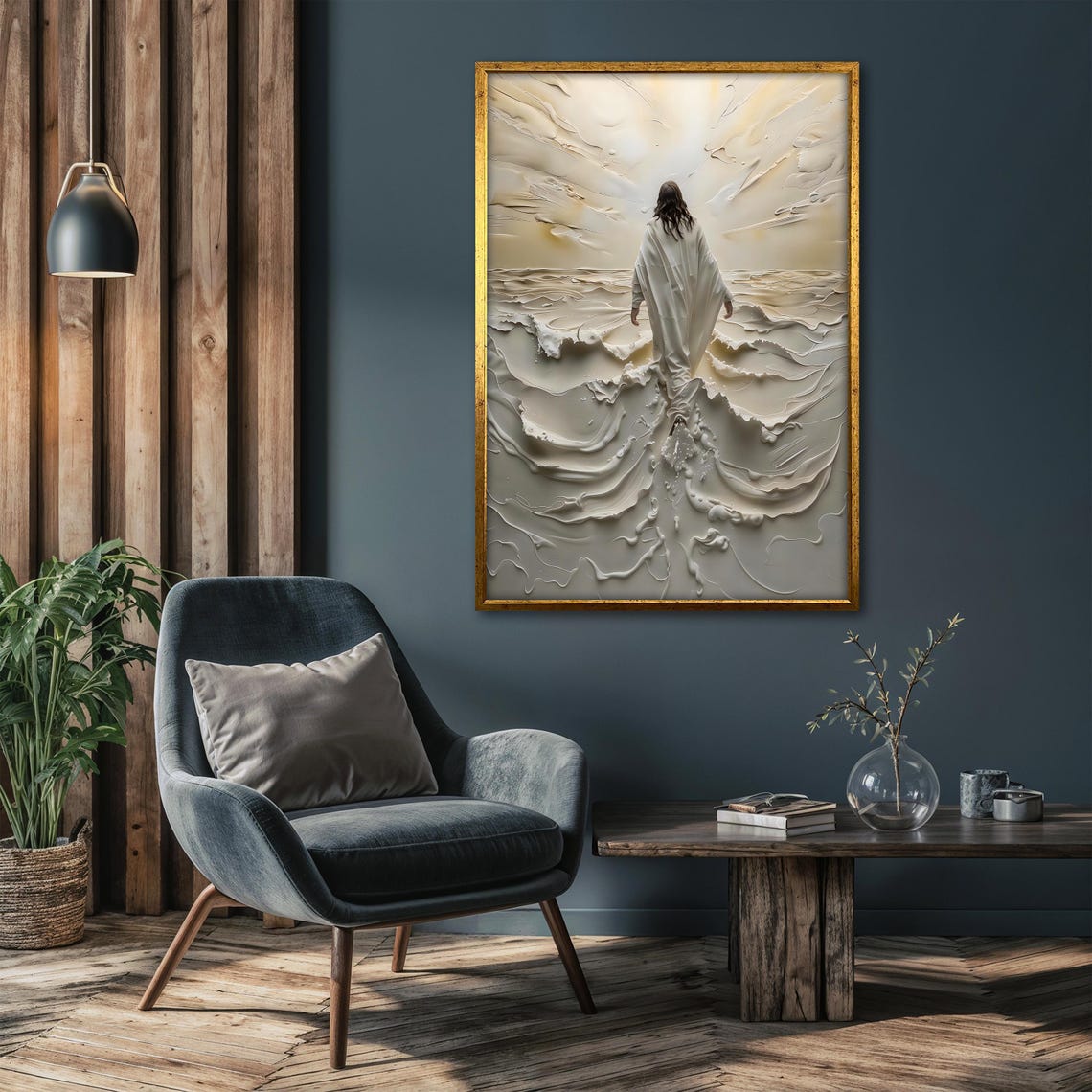Jesus Walking on Water Across Gray Sculpted Textured Waves Poster - Image 4