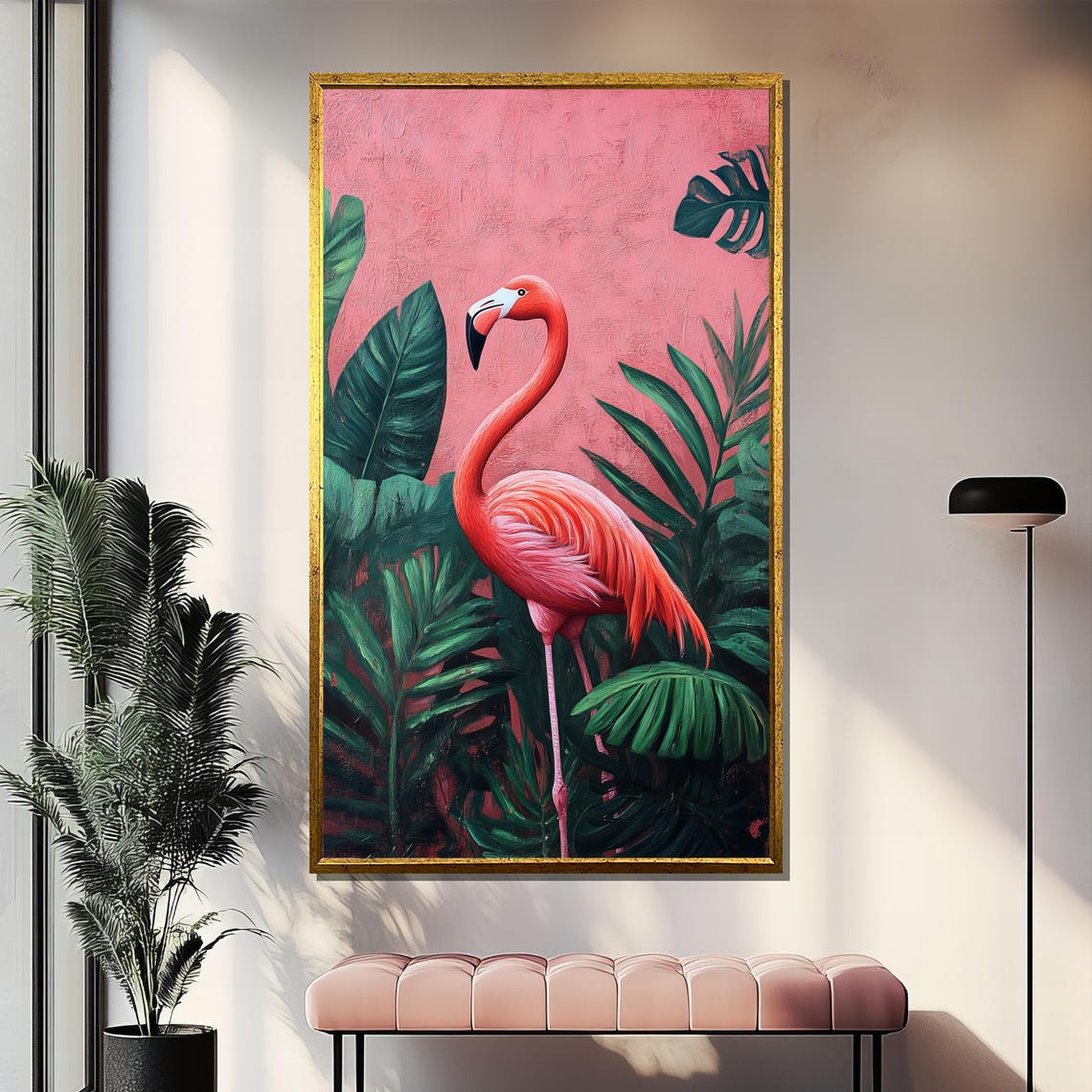 Pink Flamingo Among Tropical Palm Leaves Statement Art Poster