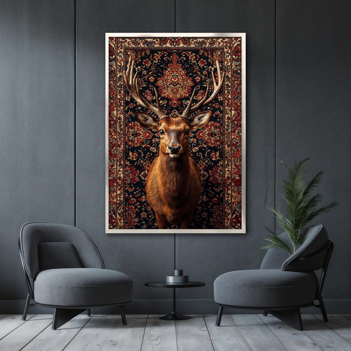 Majestic Stag with Large Antlers Standing on a Dark Rug Poster - Image 3