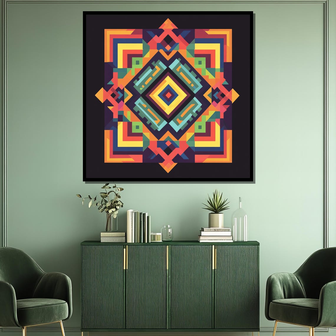 Vibrant Tribal Diamond Geometry Pattern Blazing on Black Poster - Image 3