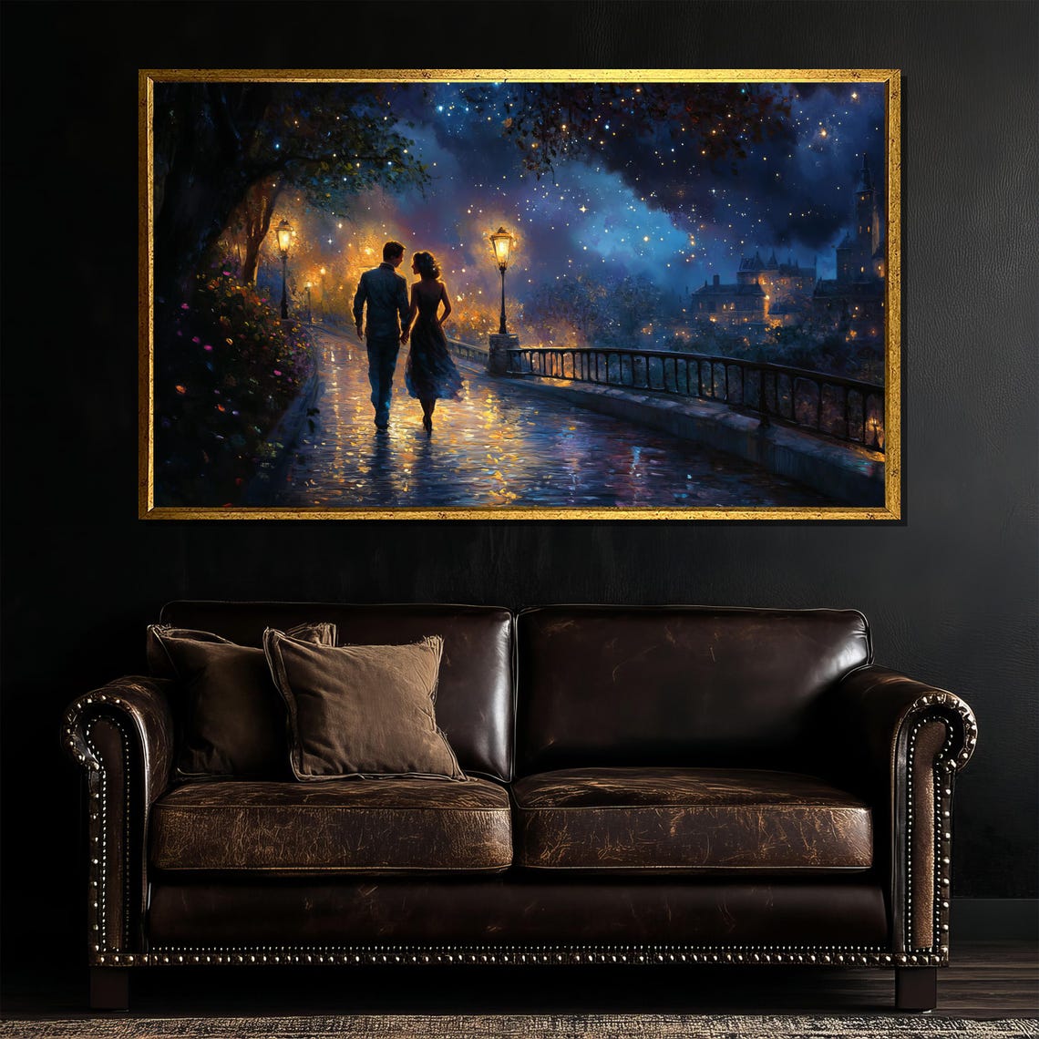 Couple Strolling Bridge Under Starry Night City Lights Poster