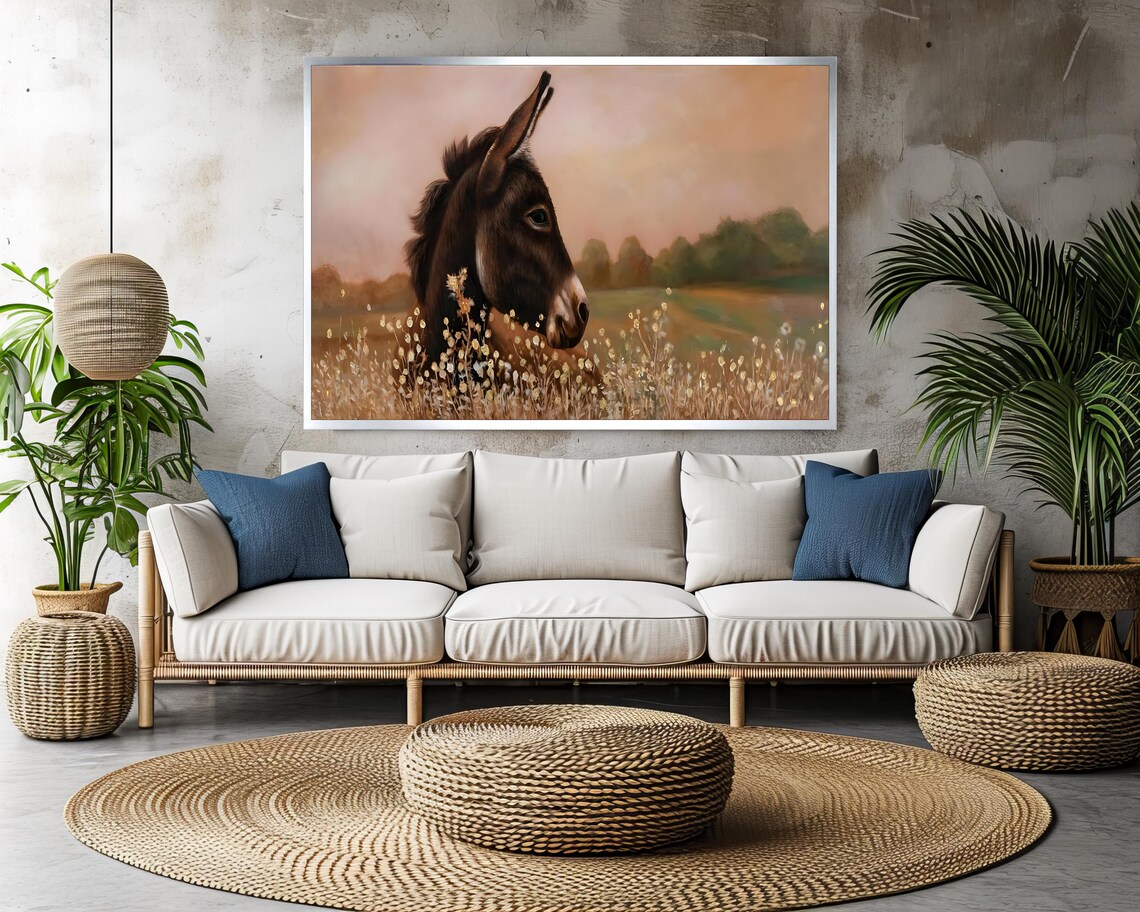 Donkey In Golden Meadow At Sunset Serene Pastoral Animal Poster - Image 3