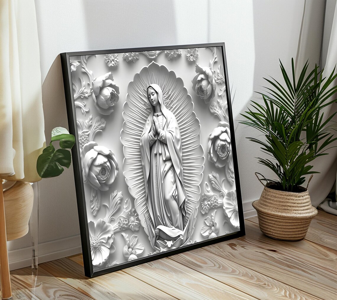 Our Lady of Guadalupe Sculptural Monochrome Relief Poster For Prayer Room