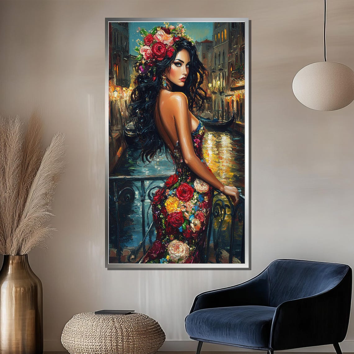 Venetian Beauty in Floral Gown on Canal Bridge at Night Poster - Image 2