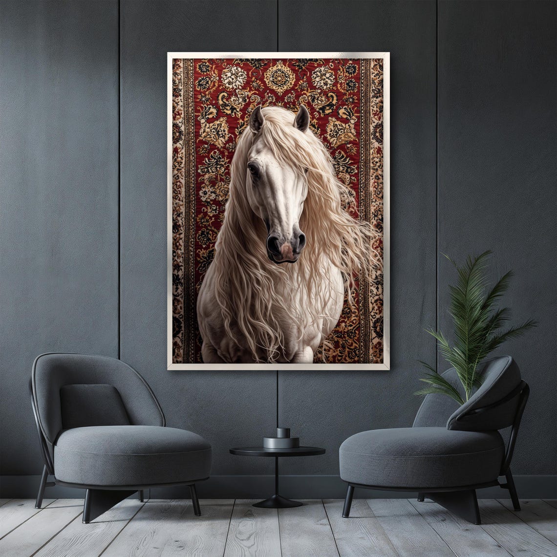 White Horse with a Long Flowing Mane on a Red Oriental Rug Poster - Image 3