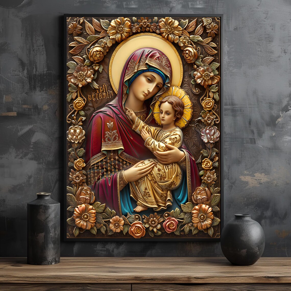 Ornate Virgin Mary and Child Byzantine Icon Painting Poster For Prayer Room - Image 2
