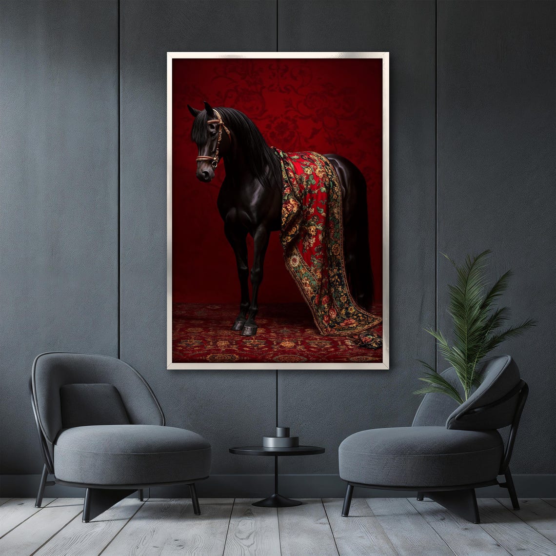 Black Horse with Trailing Patterned Fabric on Deep Red Poster - Image 3