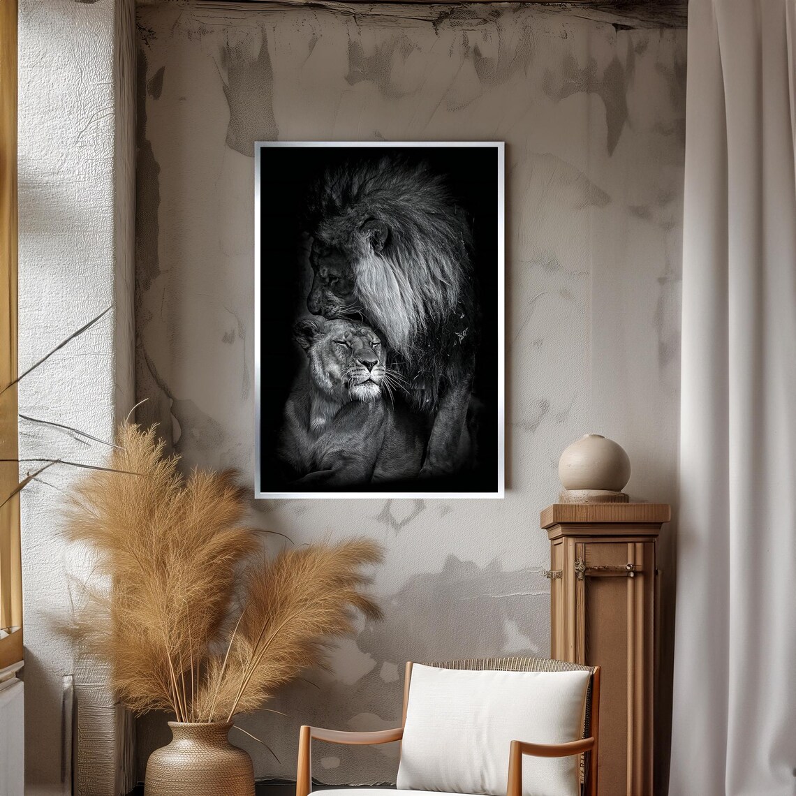Monochrome Lion Resting His Head on the Lioness Poster For Bedroom Decor - Image 3