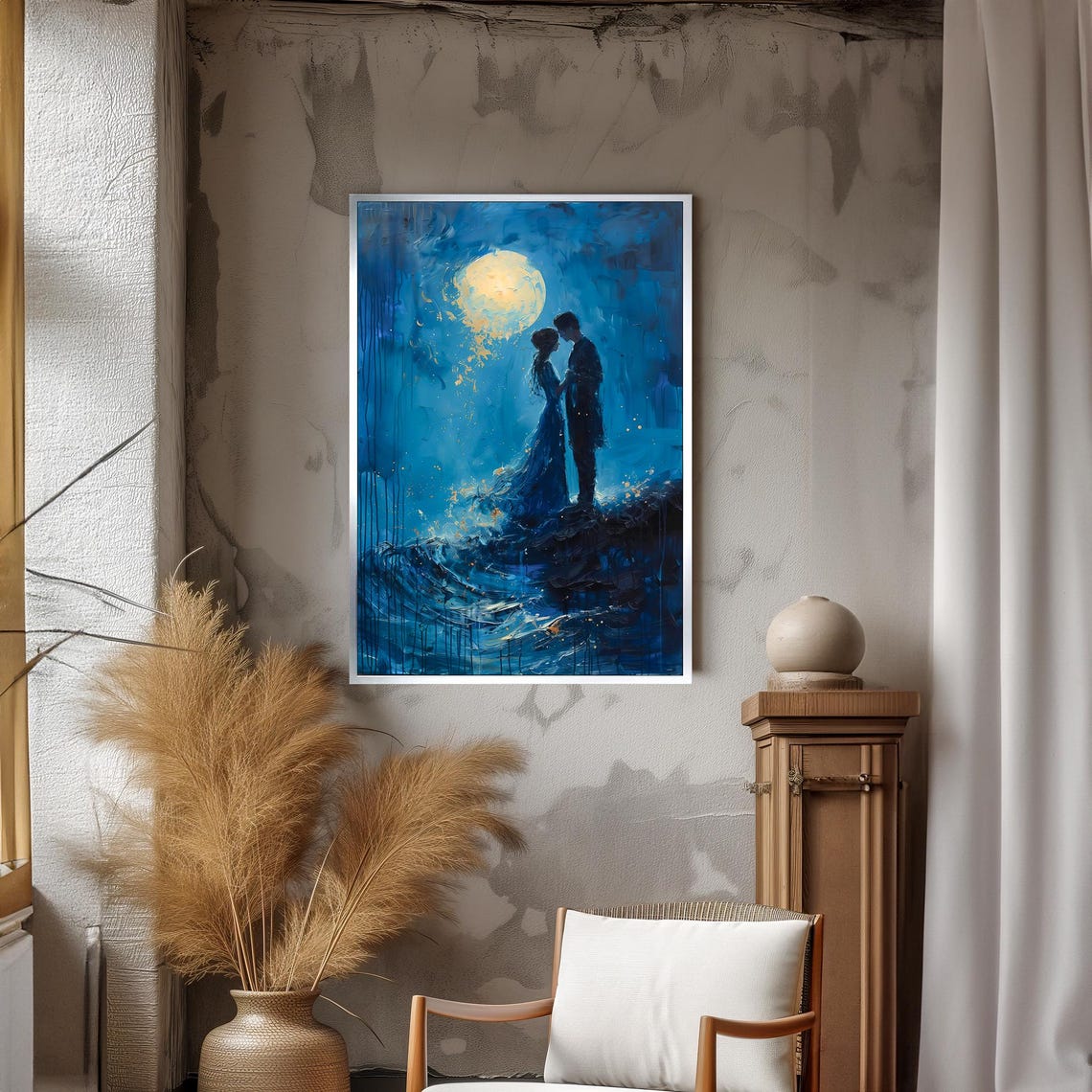Moonlit Lovers By The Sea Romantic Blue Gold Silhouette Poster - Image 3