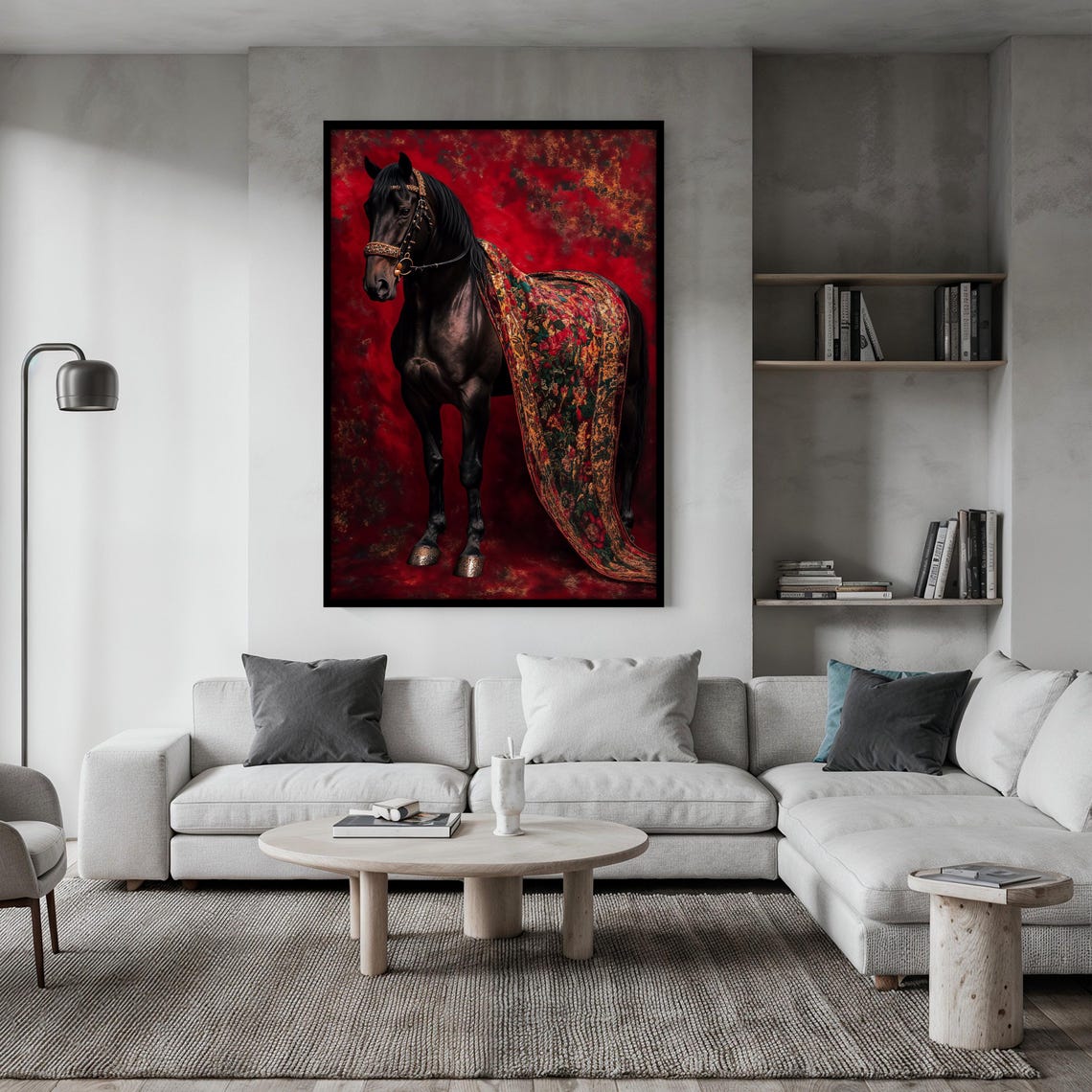 Black Horse Draped in Ornate Patterned Fabric on Deep Red Poster - Image 2