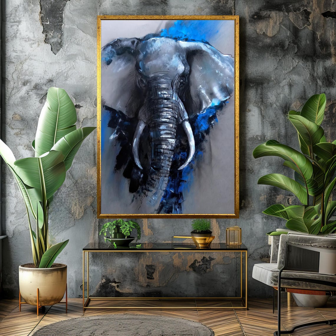 Abstract Elephant Art Bold And Powerful Animal Portrait Blue And Grey Wall Decor Ready To Hang - Image 4
