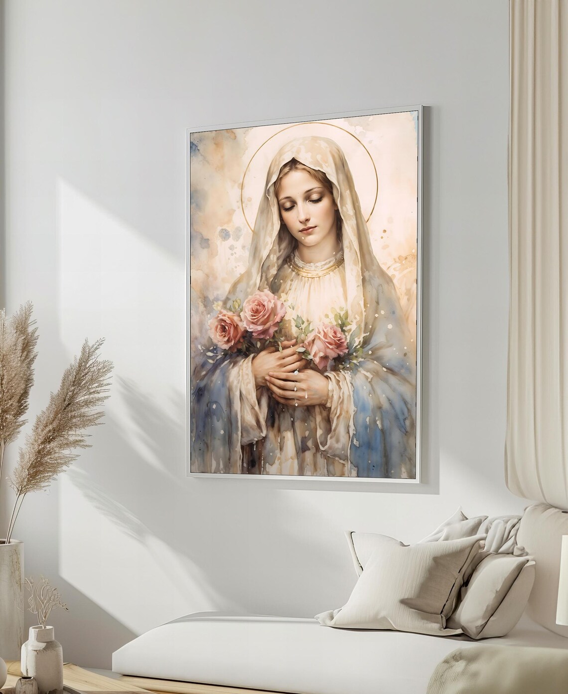 Virgin Mary With Pink Roses Soft Watercolor Religious Portrait Poster