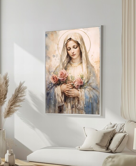 Virgin Mary With Pink Roses Soft Watercolor Religious Portrait Poster
