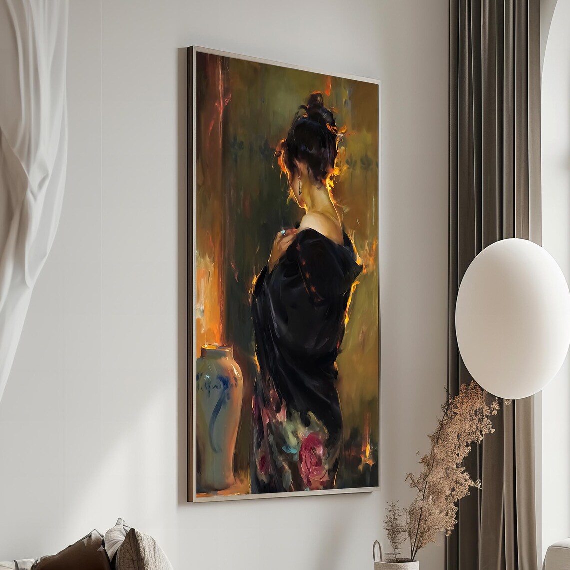 Elegant Woman In A Dark Robe Bathed In Gentle Golden Light Poster
