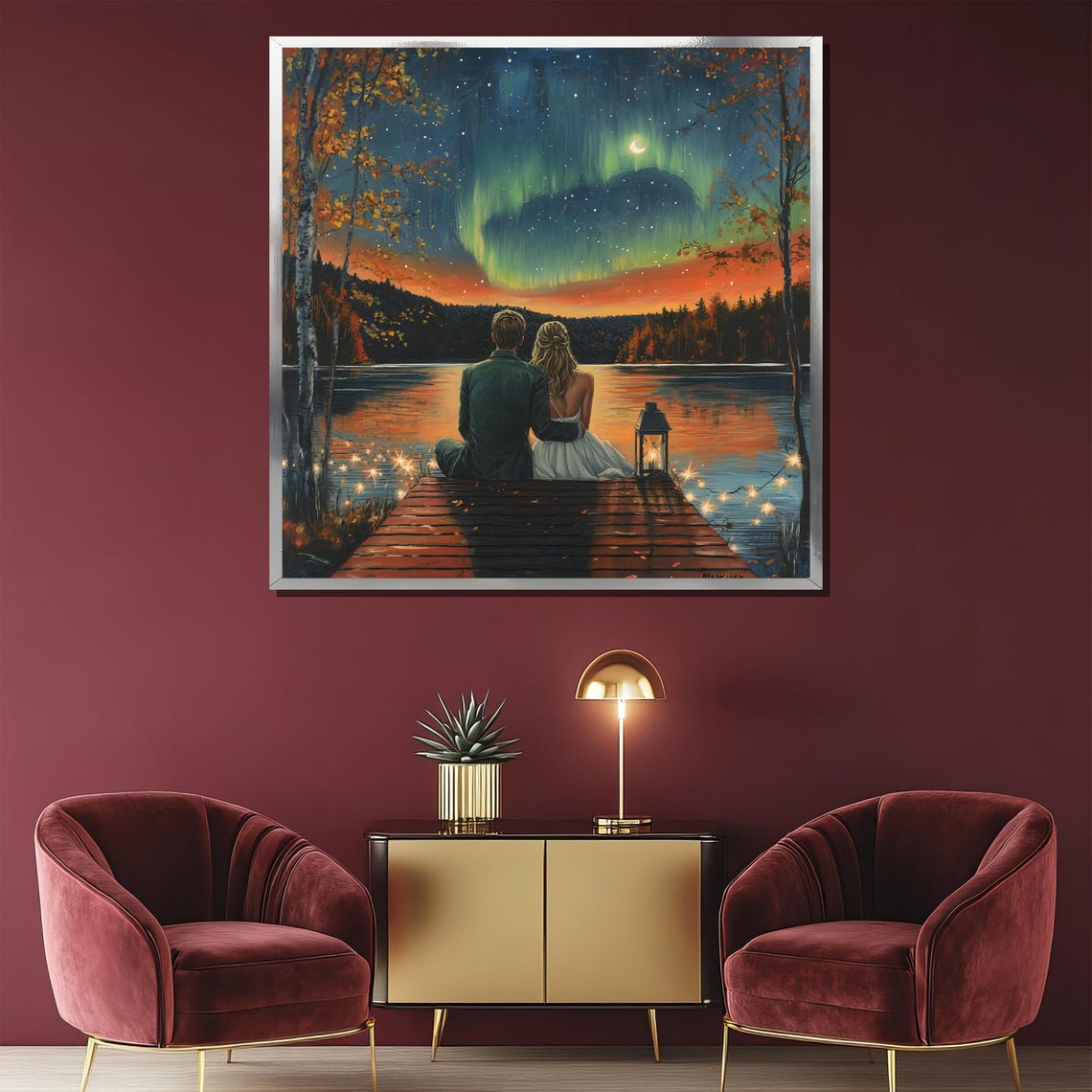 Romantic Couple on Dock Under Northern Lights Lake Night Poster - Image 2