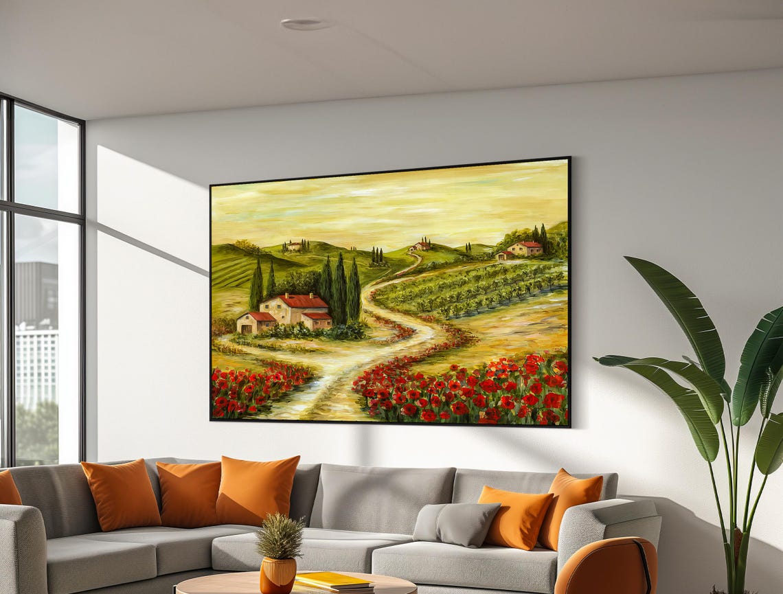 Tuscan Countryside Path With Red Poppies Scenic Painting Poster