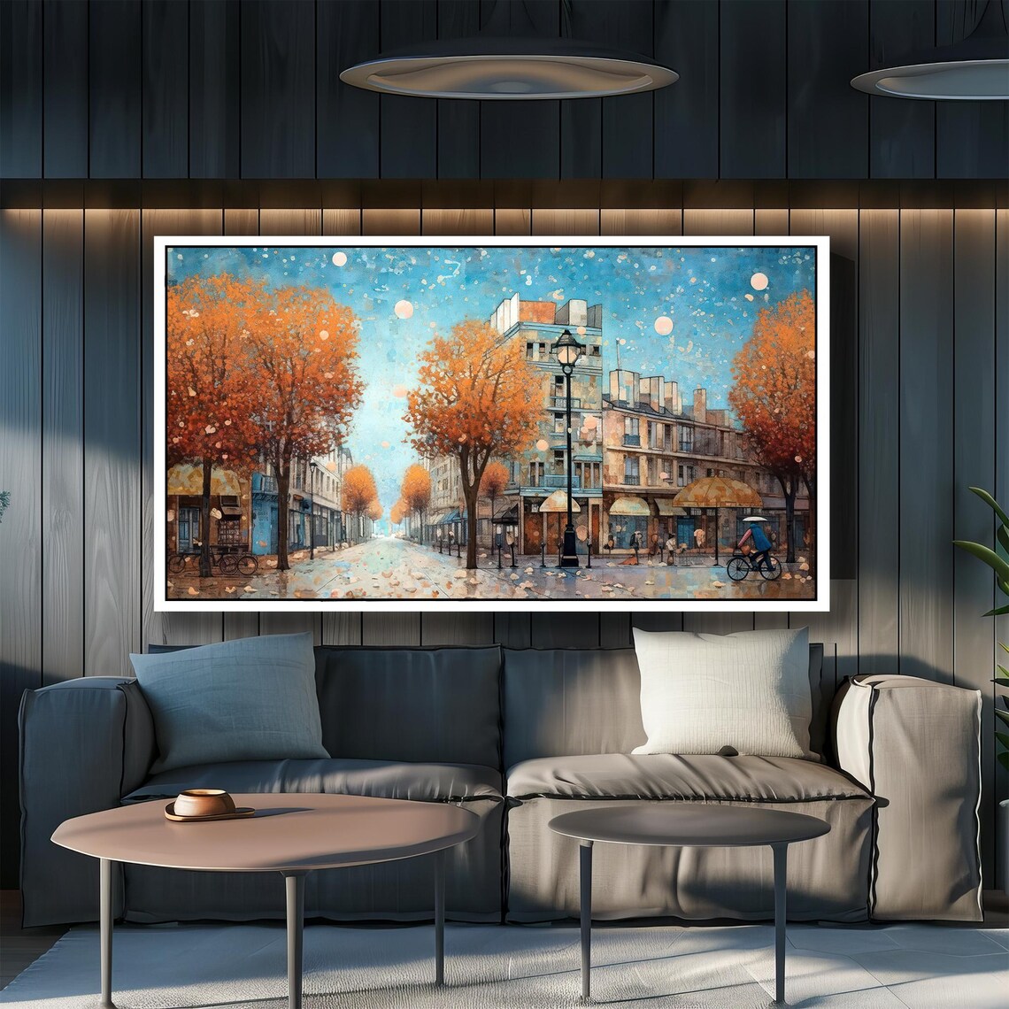 Parisian Autumn Street Cyclist with Umbrella City Scene Poster - Image 2