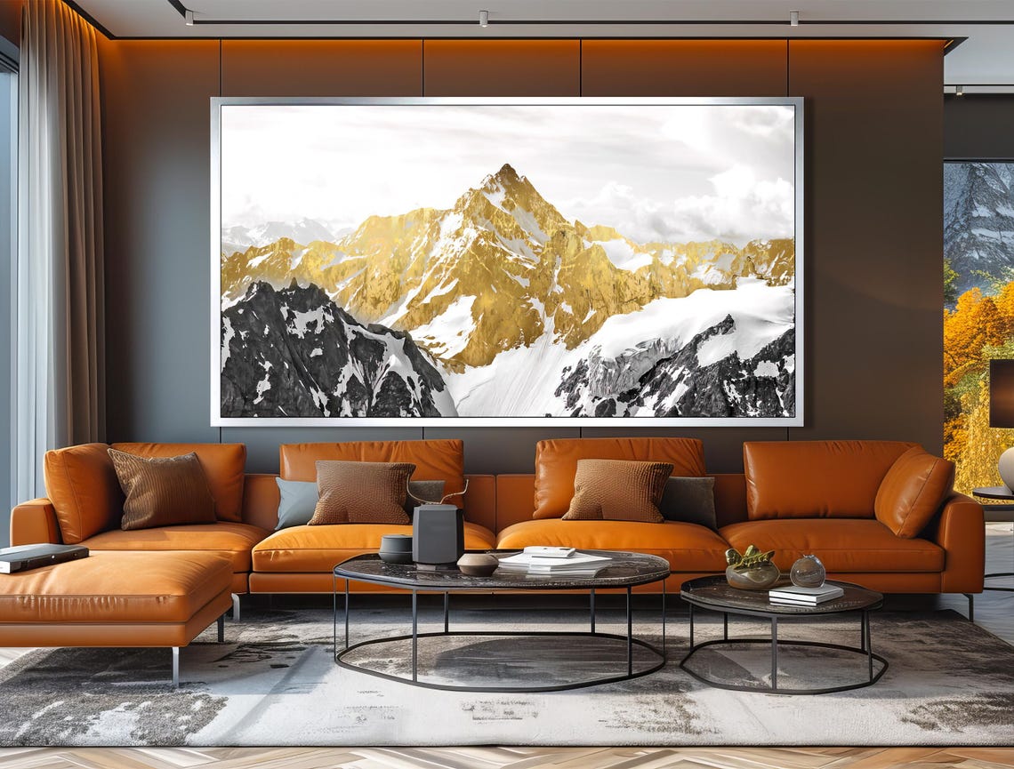 Golden Snow Capped Mountain Peaks Striking Gold White Art Poster - Image 3