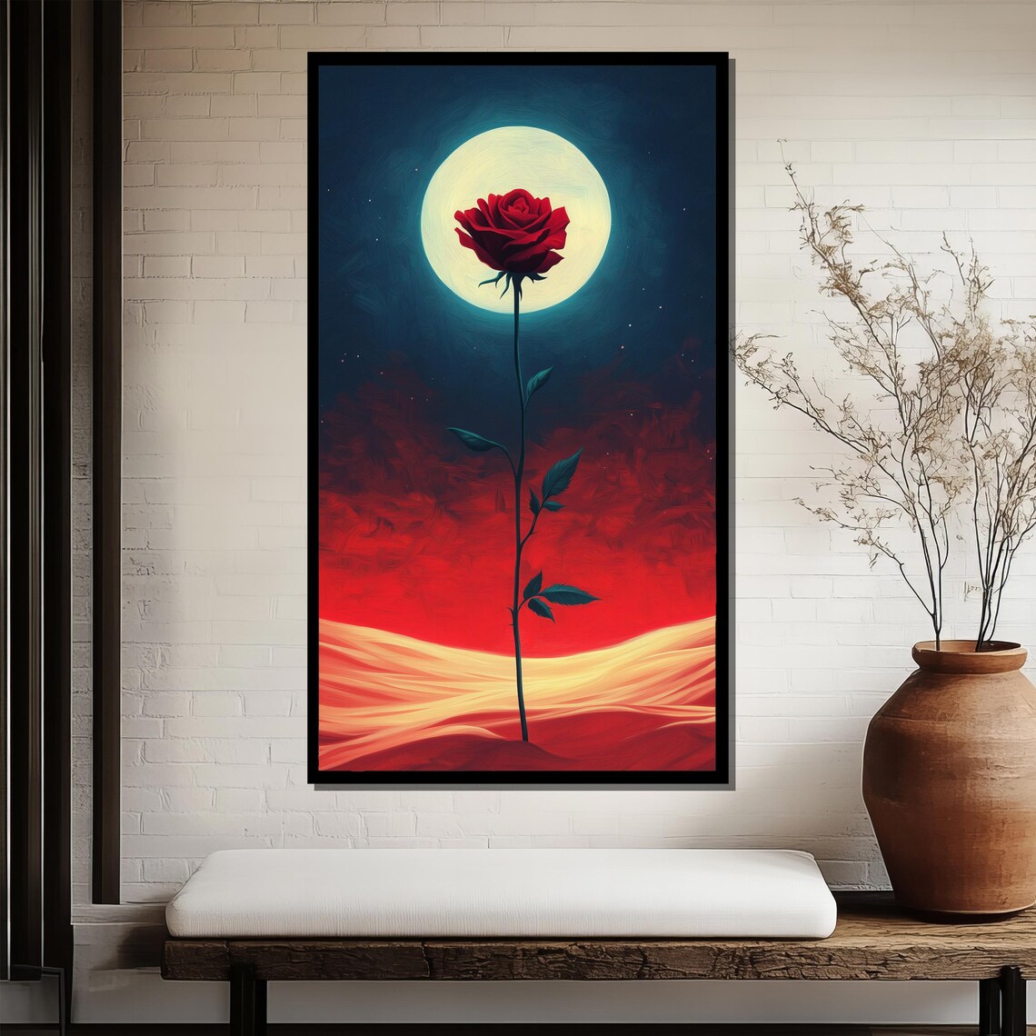 Single Red Rose Against Full Moon Night Desert Surreal Art Poster - Image 3