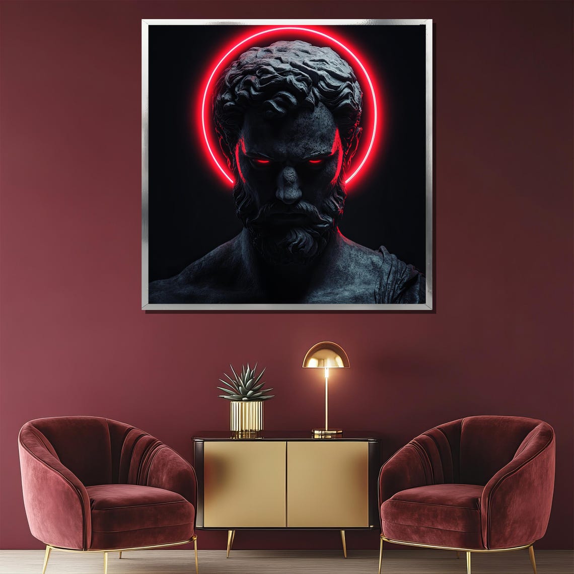 Neon Red Halo Zeus Bust Dark Greek Mythology Abstract Statement Poster - Image 2
